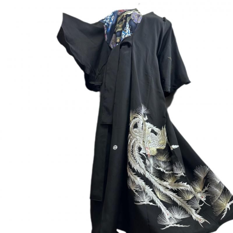 留袖 着物リメイクシルエット変形ドレス 和柄ワンピース 黒に高級刺繍