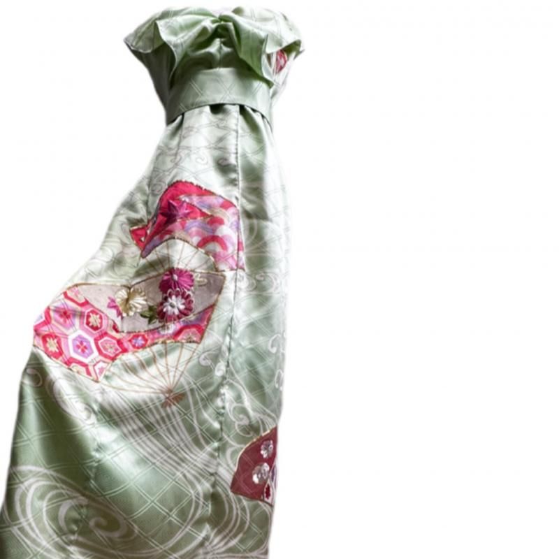 振袖　着物リメイク　ドレス　ふりふわ襟　金糸扇子　和柄　ハンドメイド　ワンピース 振袖 着物リメイク ドレス ふりふわ襟 金糸扇子 和柄