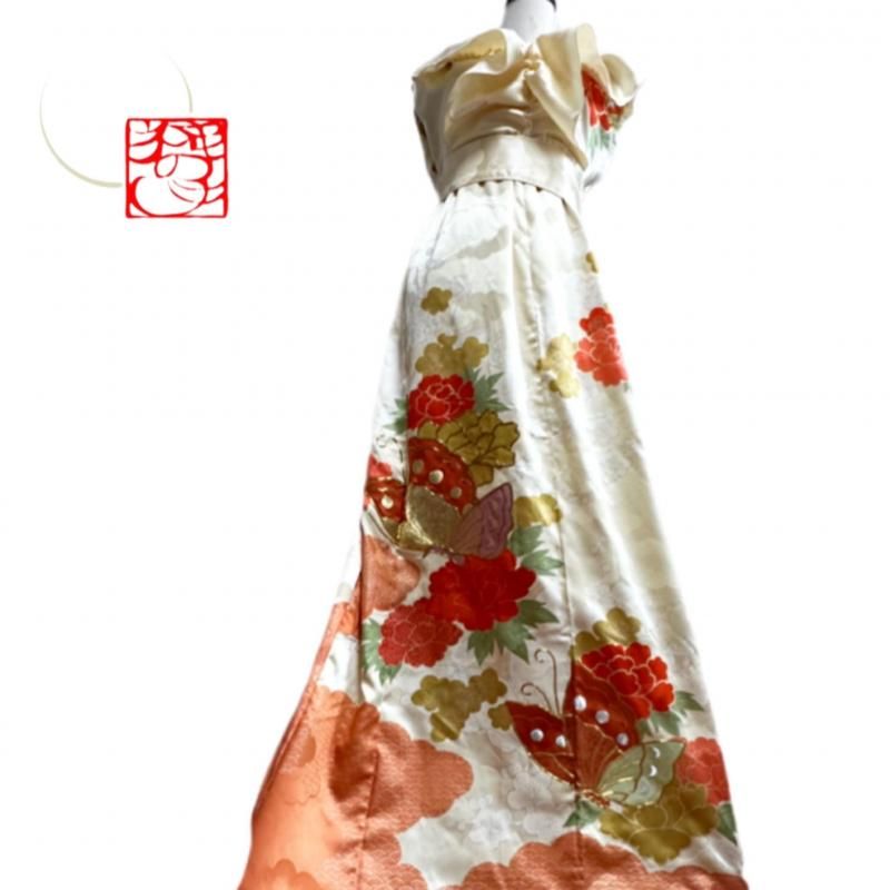 振袖　着物リメイク　ドレス　黒×大輪牡丹　和柄　ワンピース　ハンドメイド 振袖 着物リメイク ドレス 和柄 ワンピース ストライプ×大輪牡丹