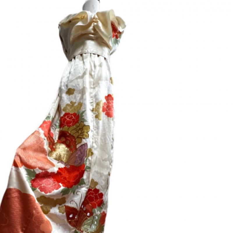 豪華！　振袖　着物リメイク　ドレス　レース袖　金糸金箔牡丹　和柄　ハンドメイド 豪華！ 振袖 着物リメイク ドレス レース袖 金糸金箔牡丹 和柄