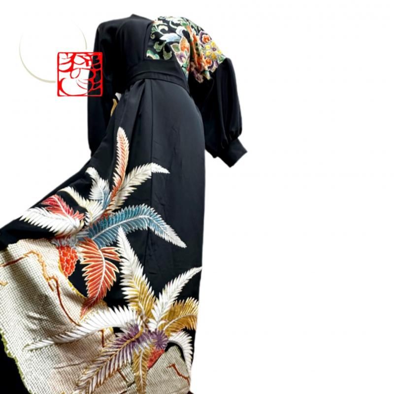 留袖着物リメイクドレス 左前豪華帯地切り替え 和柄ワンピース 松×花 丈125