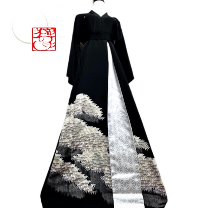 留袖　着物リメイク　ドレス　ポイント和柄切替　竹麻の葉　ハンドメイド　ワンピース 留袖 着物リメイク ドレス ポイント和柄切替 竹麻の葉