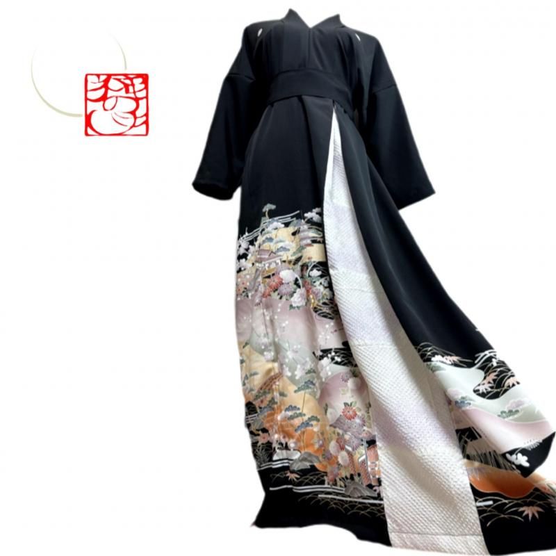 即納】留袖着物リメイクドレス ポイントしぼり切替 松竹梅や家屋