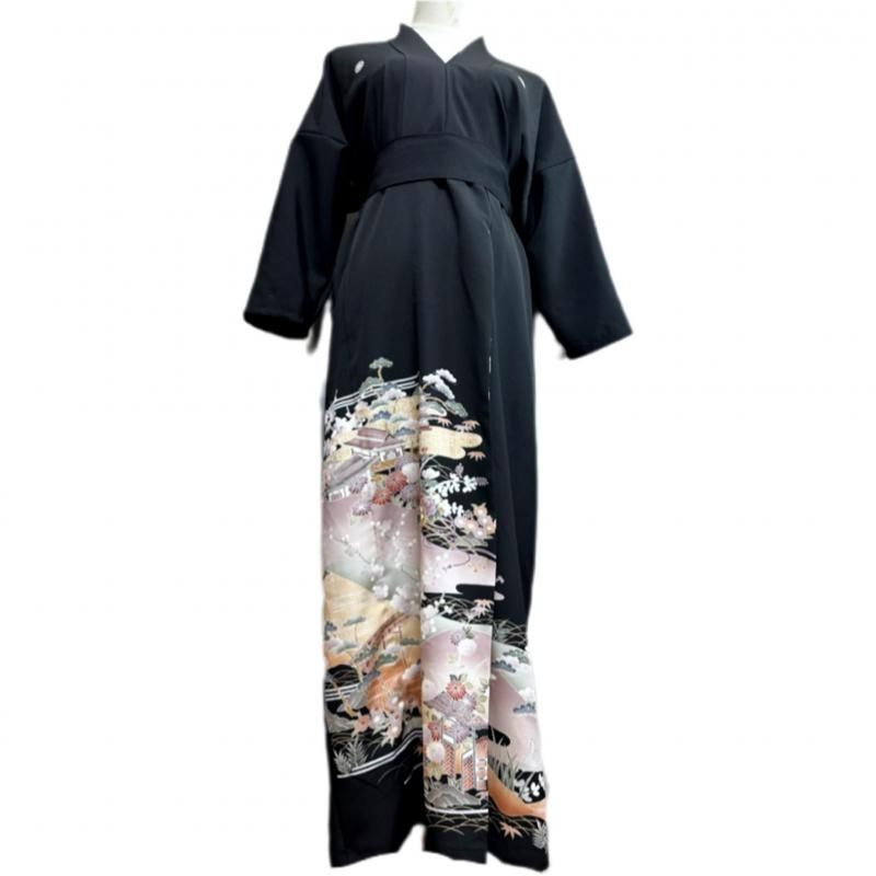 即納】留袖着物リメイクドレス ポイントしぼり切替 松竹梅や家屋