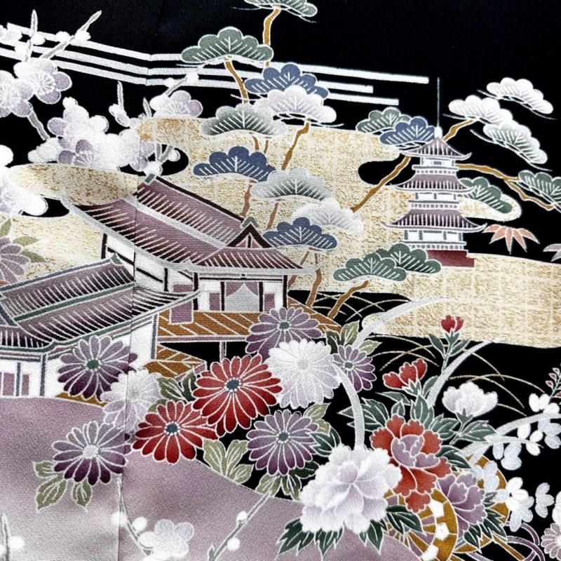 留袖　着物リメイク　ドレス　ポイントしぼり切替　松竹梅　ハンドメイド　ワンピース 即納】留袖着物リメイクドレス ポイントしぼり切替 松竹梅や家屋