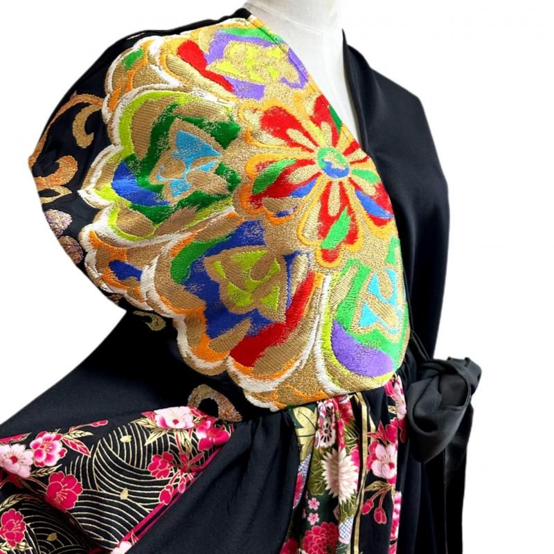 着物リメイク　シルエット変形　ドレス　ワンピース　帯地大輪花　和柄　ハンドメイド 即納】着物リメイク ドレス シルエット変形 ワンピース 総刺繍