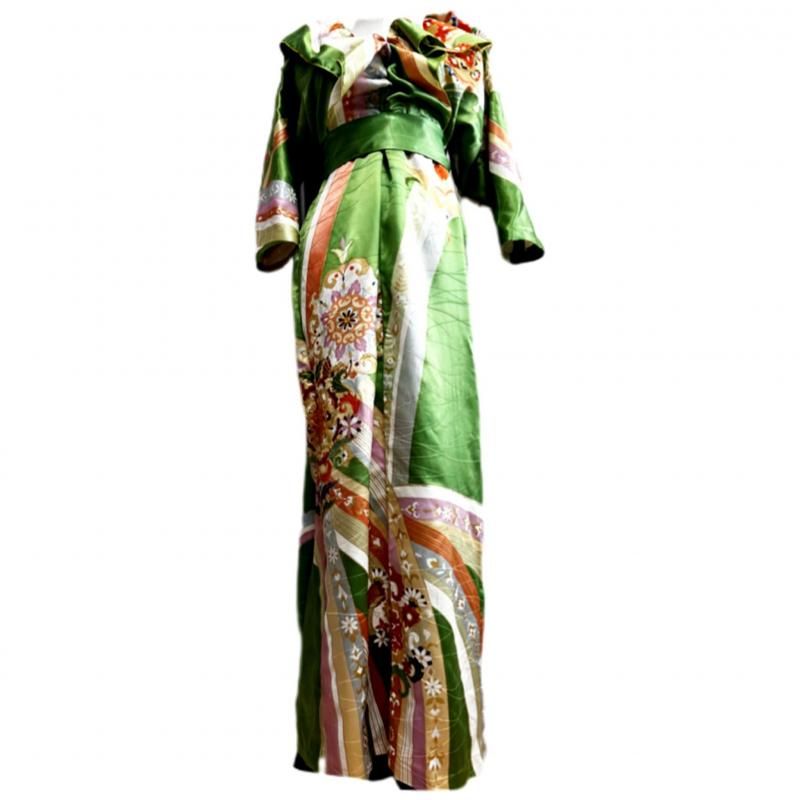 即納】高級！豪華！ふりふわ襟 振袖着物リメイクドレス 和柄ワンピース