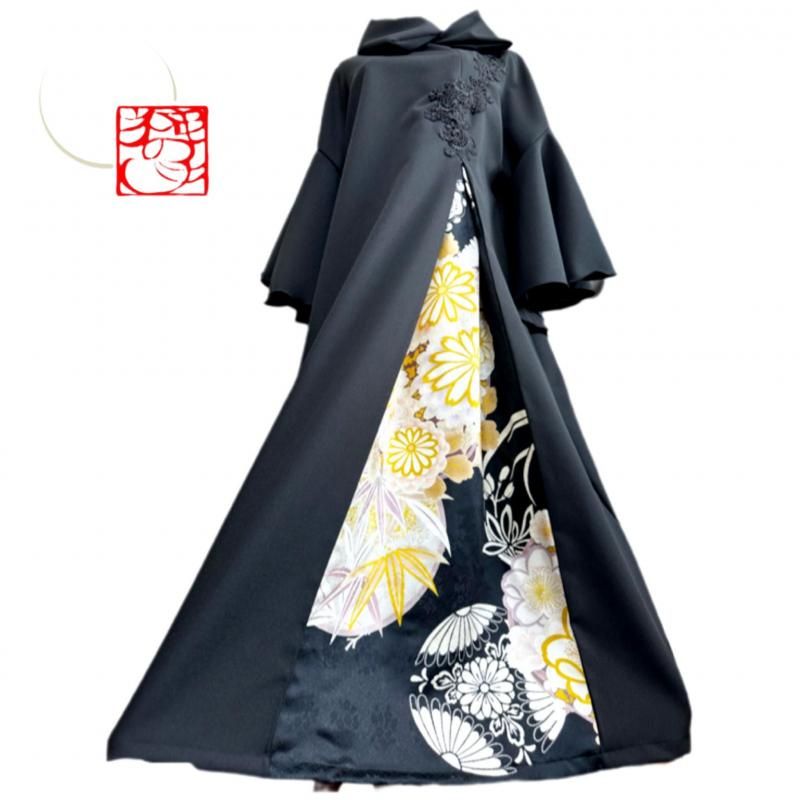 振袖　着物リメイク　ドレス　和柄　ワンピース　ピーコックブルー×花　ハンドメイド 振袖 着物リメイク ドレス 和柄 ワンピース ピーコックブルー×花
