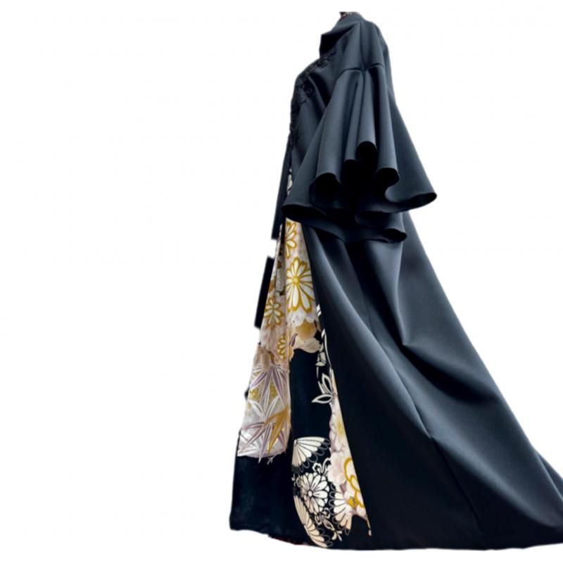 振袖 着物リメイクドレス 和柄ワンピース 変わり襟 サーキュラ袖