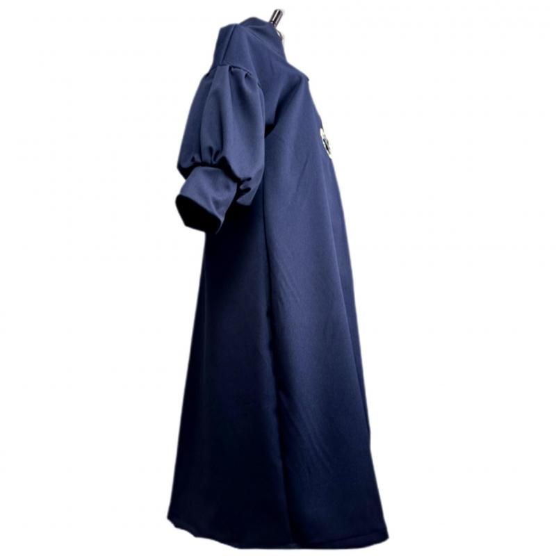 振袖 着物リメイクドレス 和柄ワンピース 変わり襟 ぽわん袖 ネイビー