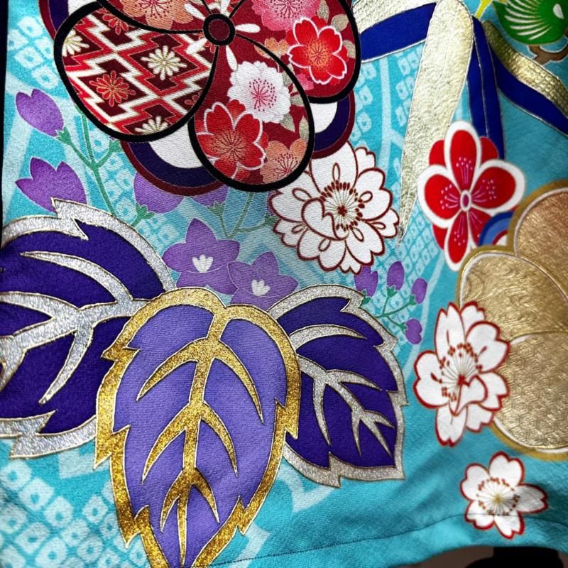 振袖 着物リメイクドレス 和柄ワンピース 変わり襟 ぽわん袖 ネイビー