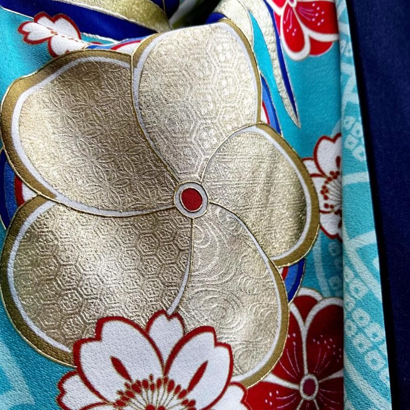 振袖 着物リメイクドレス 和柄ワンピース 変わり襟 ぽわん袖 ネイビー