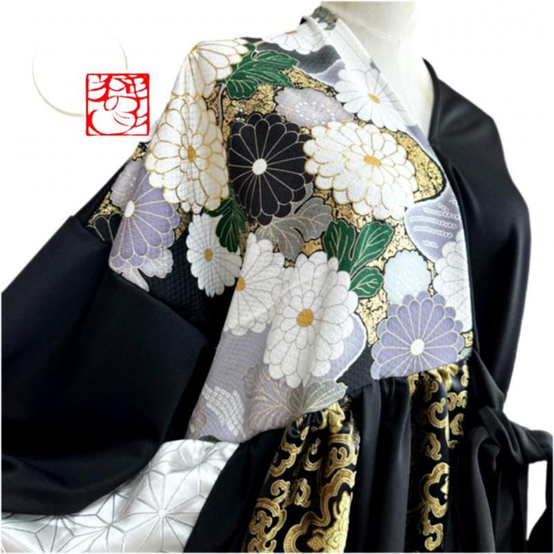 着物リメイク ドレス シルエット変形 ワンピース 黒×金箔花
