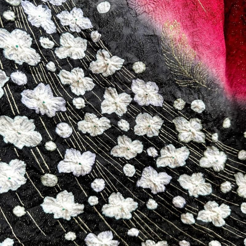 振袖　着物リメイク　ドレス　黒×金ラメ上品花　和柄　ワンピース　ハンドメイド 和柄 振袖着物リメイク ワンピースドレス 黒×豪華！金ラメ金箔