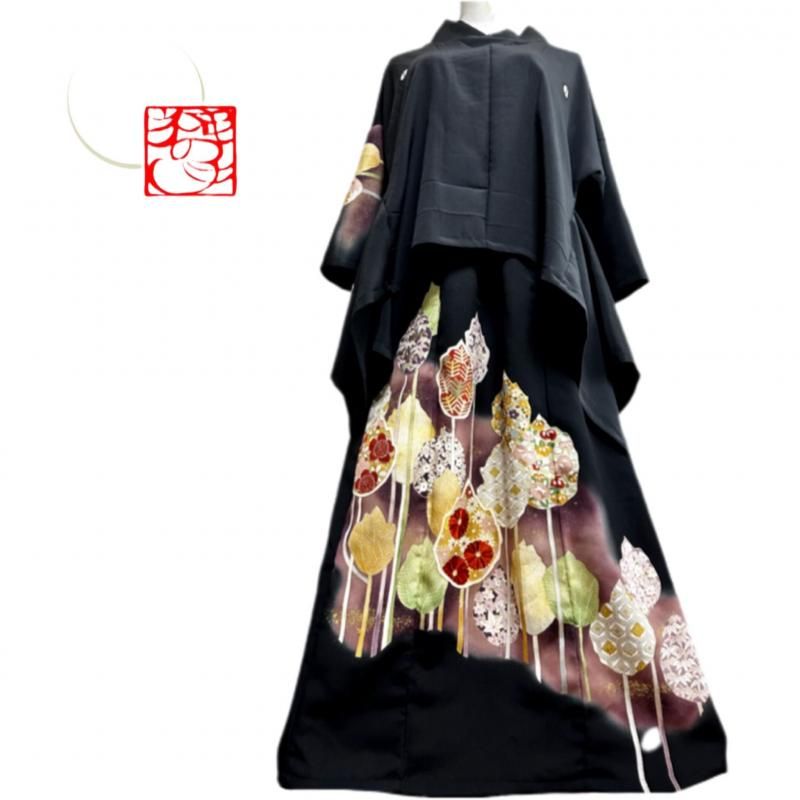 着物リメイク　ペプラム　セットアップ　黒留袖　ドレス　カシュクール　金箔　駒刺繍 着物リメイク 大きいサイズ ペプラム セットアップ 黒留袖