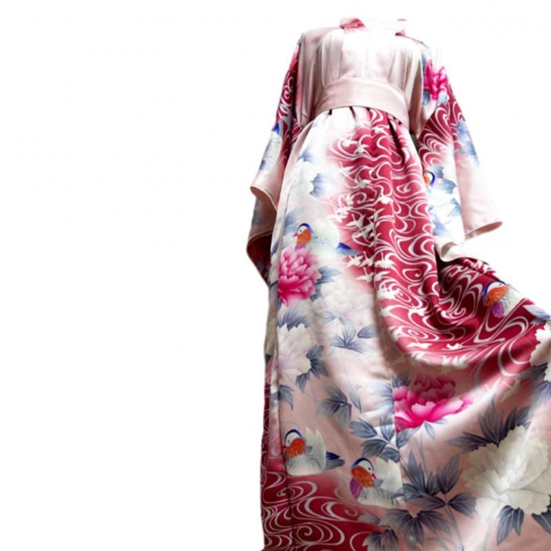 振袖　着物リメイク　ドレス　梅、菊、椿、紅葉　和柄　ワンピース　ハンドメイド 即納】襟ふりふわ振袖着物リメイクドレス 和柄ワンピース