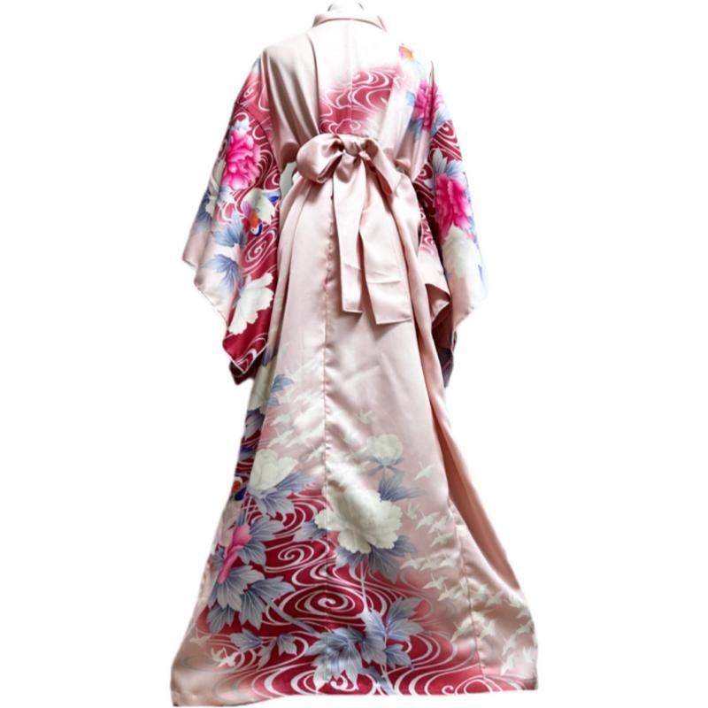 振袖　着物リメイク　ドレス　赤桃におしどりや花鶴　和柄　ワンピース　ハンドメイド 即納】可憐！ 振袖 着物リメイク ドレス 和柄ワンピース 赤桃に