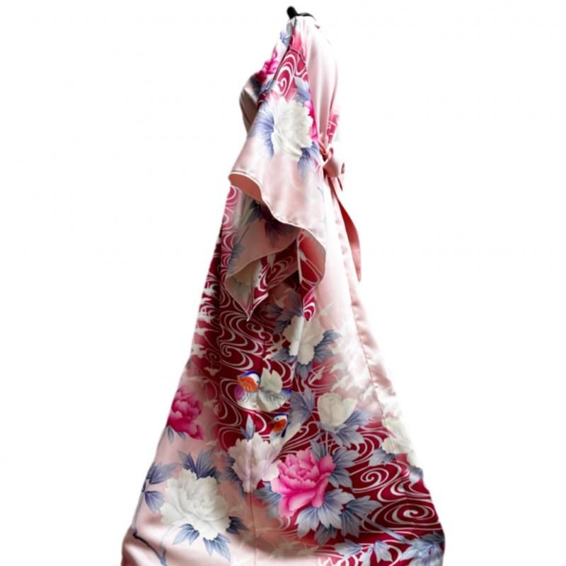 振袖　着物リメイク　ドレス　赤桃におしどりや花鶴　和柄　ワンピース　ハンドメイド 即納】可憐！ 振袖 着物リメイク ドレス 和柄ワンピース 赤桃に