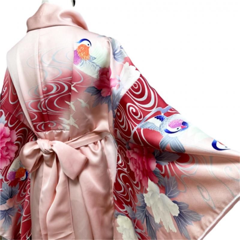 振袖　着物リメイク　ドレス　赤桃におしどりや花鶴　和柄　ワンピース　ハンドメイド 振袖 着物リメイク ドレス 赤桃におしどりや花鶴 和柄