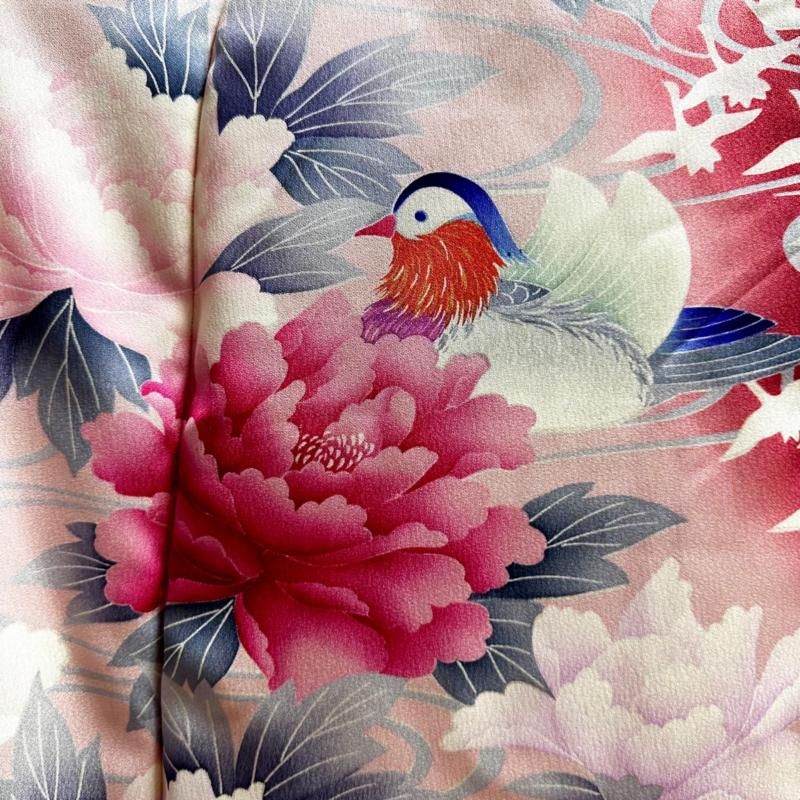 振袖　着物リメイク　ドレス　赤桃におしどりや花鶴　和柄　ワンピース　ハンドメイド 即納】可憐！ 振袖 着物リメイク ドレス 和柄ワンピース 赤桃に