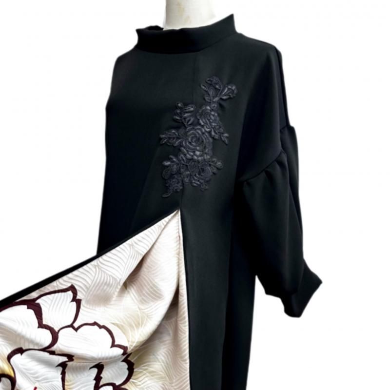 振袖 着物リメイクドレス 和柄ワンピース モックネック ぽわん袖