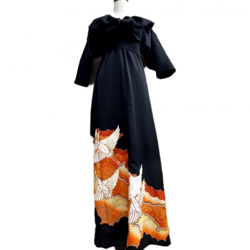 即納】超ロング！高級！ふりふわ襟 留袖着物リメイクドレス 和柄
