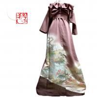 即納】ふりふわ襟 色留袖着物リメイクドレス 和柄ワンピース 金彩花々