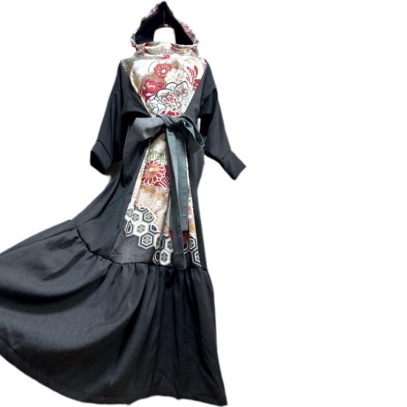 即納】振袖 着物リメイク ドレス 和柄フーディワンピース チャコール