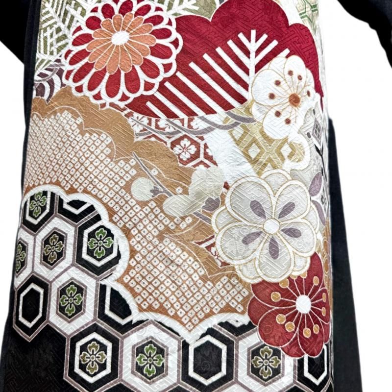 即納】振袖 着物リメイク ドレス 和柄フーディワンピース チャコール