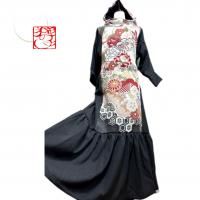 和柄 振袖着物リメイク ワンピースドレス 亜麻色×くすみ銀鼠に