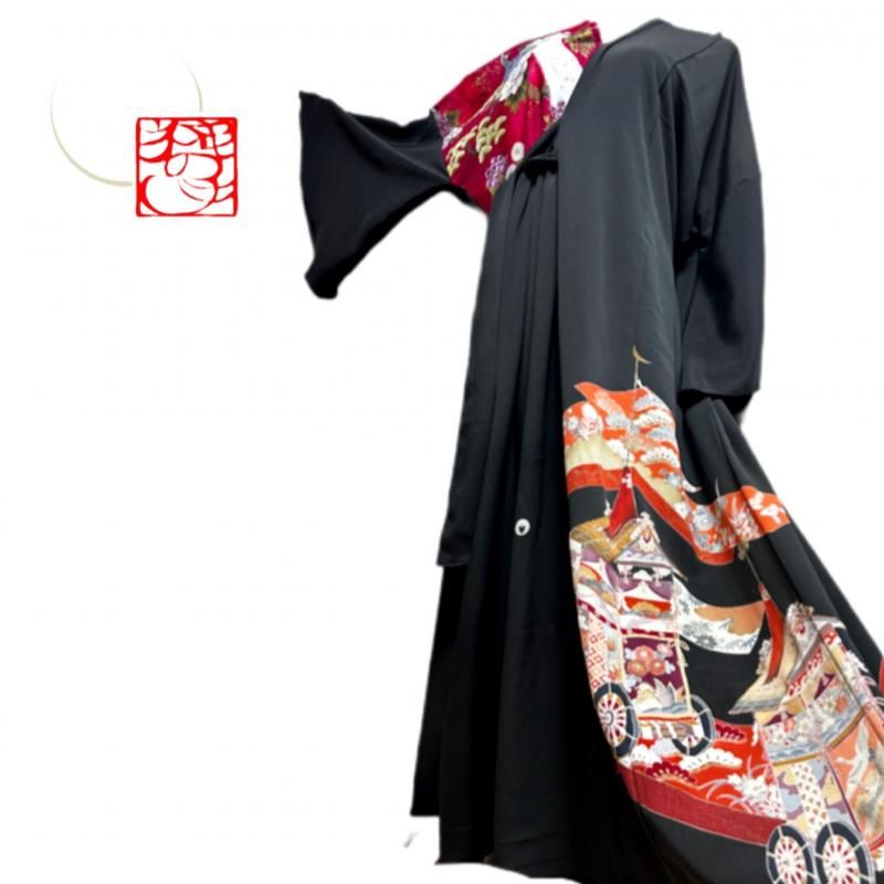 即納】留袖 着物リメイク シルエット変形ドレス 和柄 ワンピース 孔雀