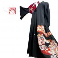 和柄 振袖着物リメイク ワンピースドレス 黒×熨斗目に桜づくし