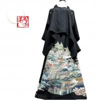 和柄 振袖着物リメイク ワンピースドレス 黒×熨斗目に桜づくし