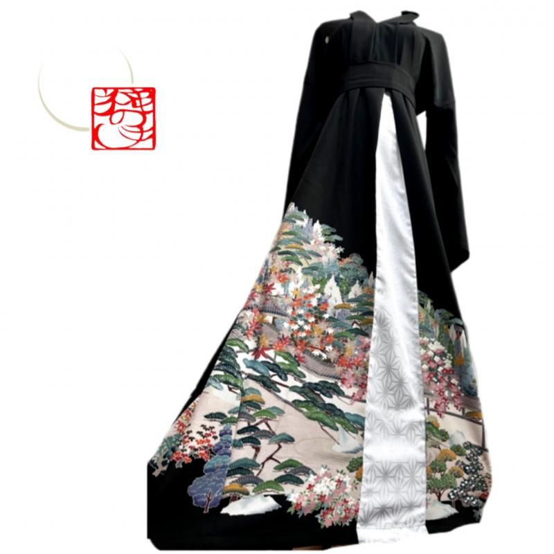 即納】留袖 着物リメイク ドレス ポイントアクセント和柄 ワンピース