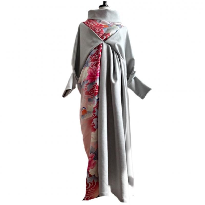 即納】秋冬 超ロング スッキリ見え 着物リメイク ドレープドルマン