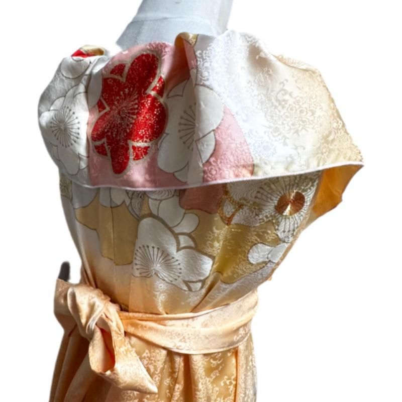 着物リメイク　振袖　梅　ロングワンピース 即納】超ロング 振袖 着物リメイク ふりふわ襟ドレス 和柄ワンピース