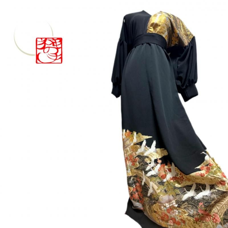 即納】優美！超ロング ドレス 豪華左胸刺繍帯地切り替え 和柄