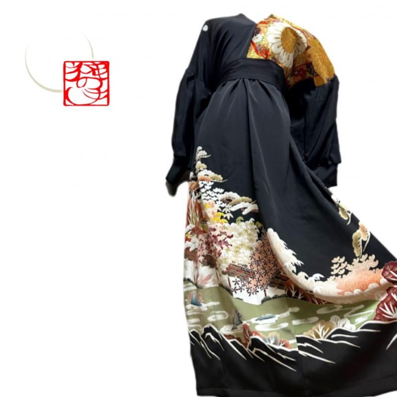 即納】優美！留袖 ドレス 豪華左胸刺繍帯地切り替え 和柄ワンピース