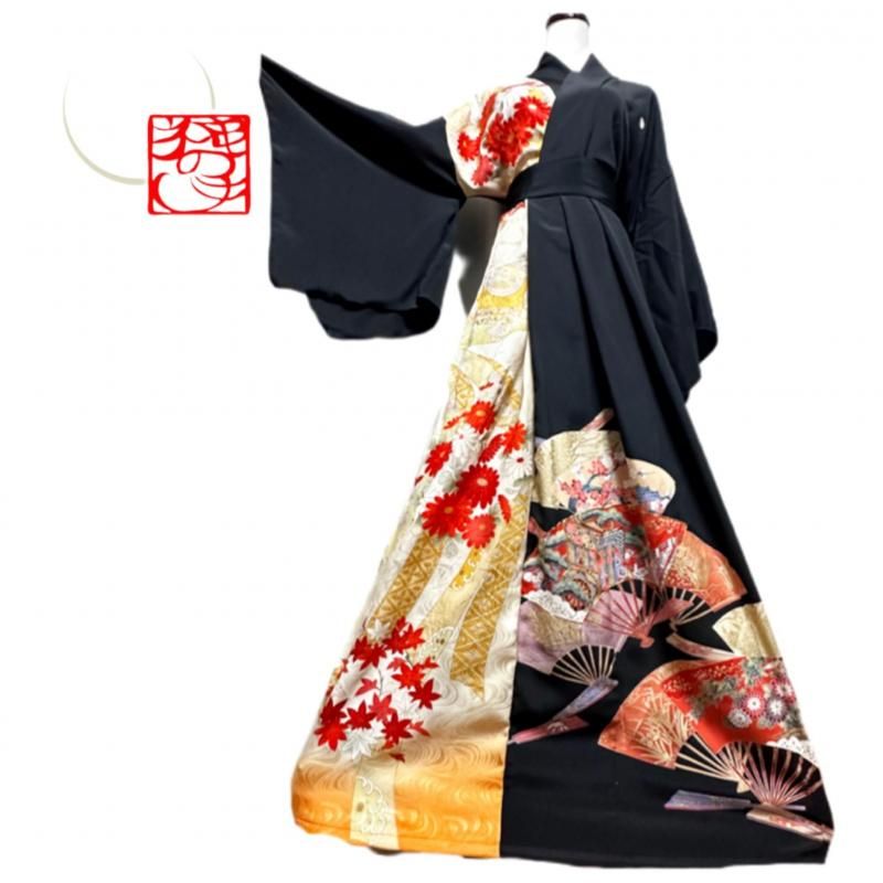 留袖扇子×振袖　着物リメイク　コントラストドレス　和柄　ワンピース　ハンドメイド 即納】超ロング 留袖扇子×振袖花柄 着物リメイク コントラストドレス