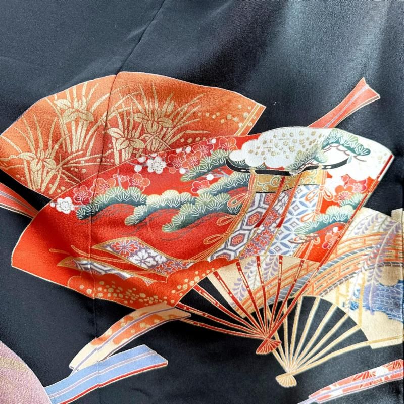 留袖扇子×振袖　着物リメイク　コントラストドレス　和柄　ワンピース　ハンドメイド 即納】超ロング 留袖扇子×振袖花柄 着物リメイク コントラストドレス