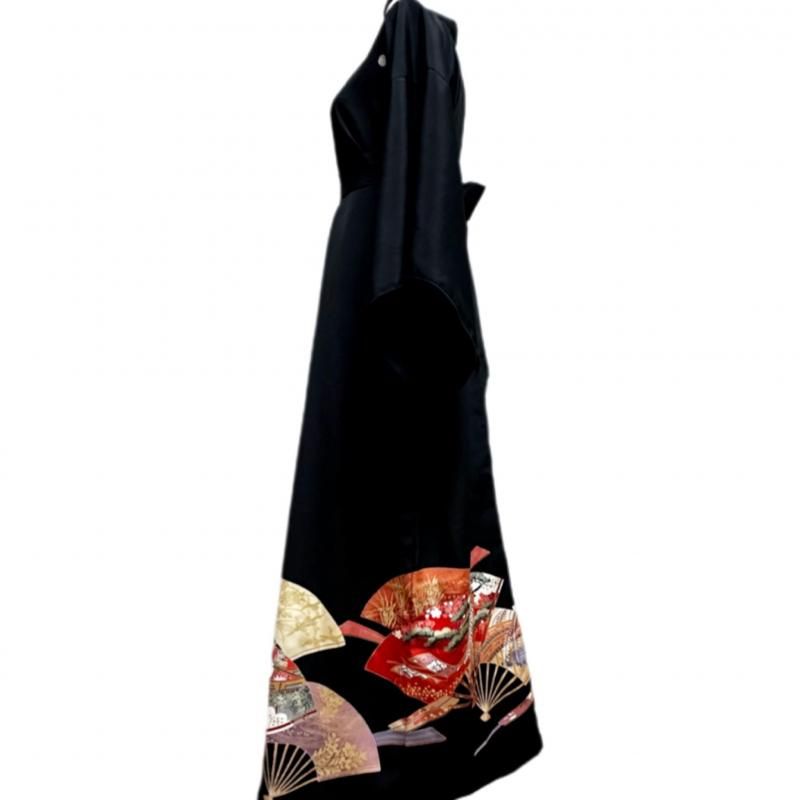 即納】超ロング 留袖扇子×振袖花柄 着物リメイク コントラストドレス