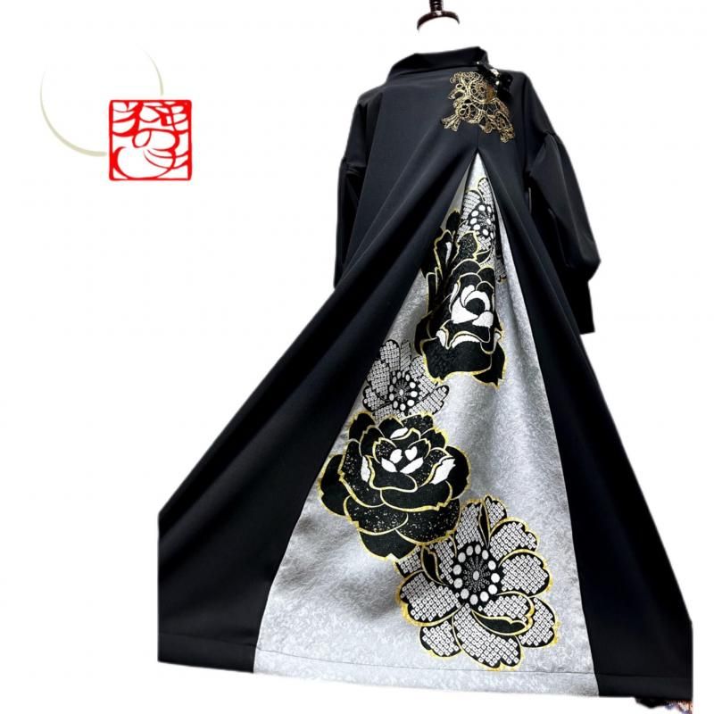 即納】振袖 着物リメイクドレス 黒×ラメ大輪牡丹 ぽわん袖 モック