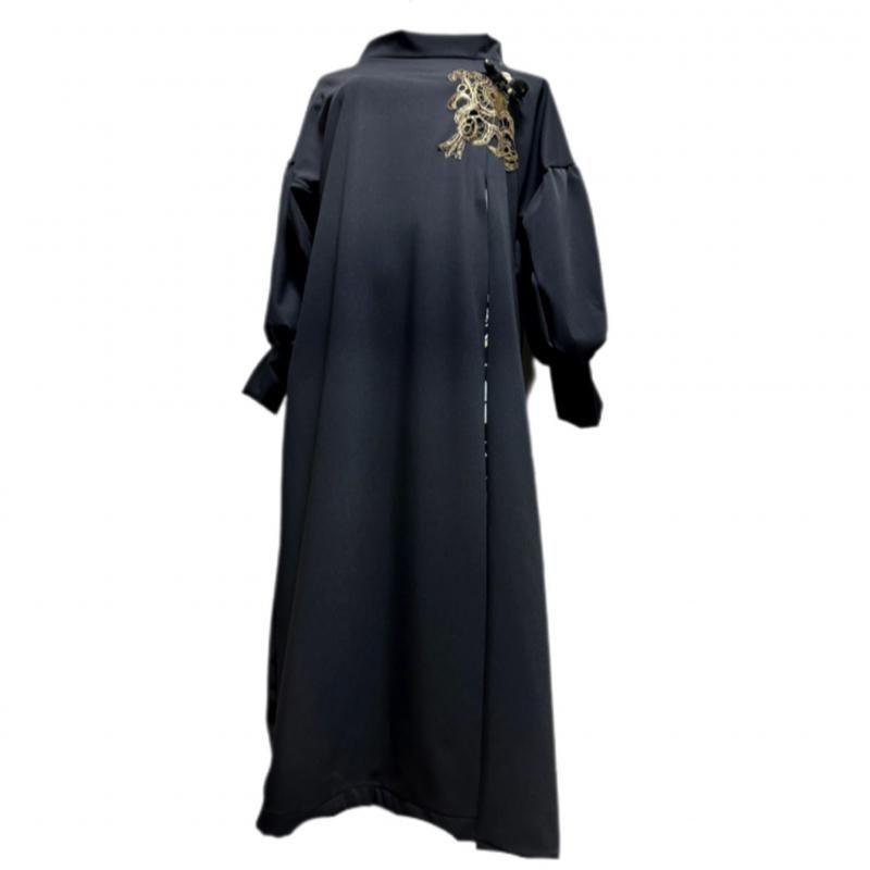 即納】振袖 着物リメイクドレス 黒×ラメ大輪牡丹 ぽわん袖 モック