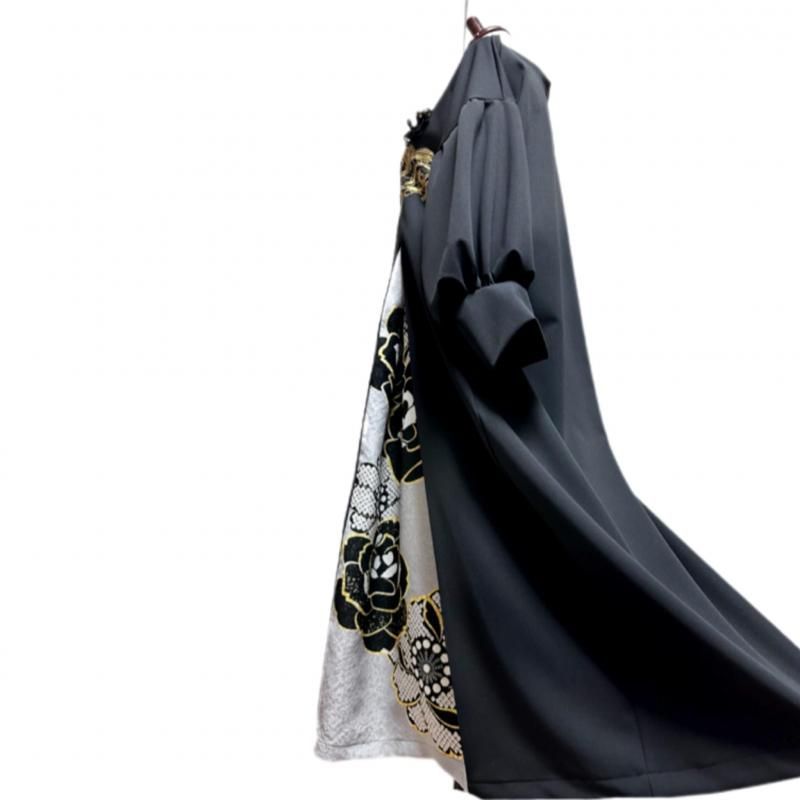 即納】振袖 着物リメイクドレス 黒×ラメ大輪牡丹 ぽわん袖 モック