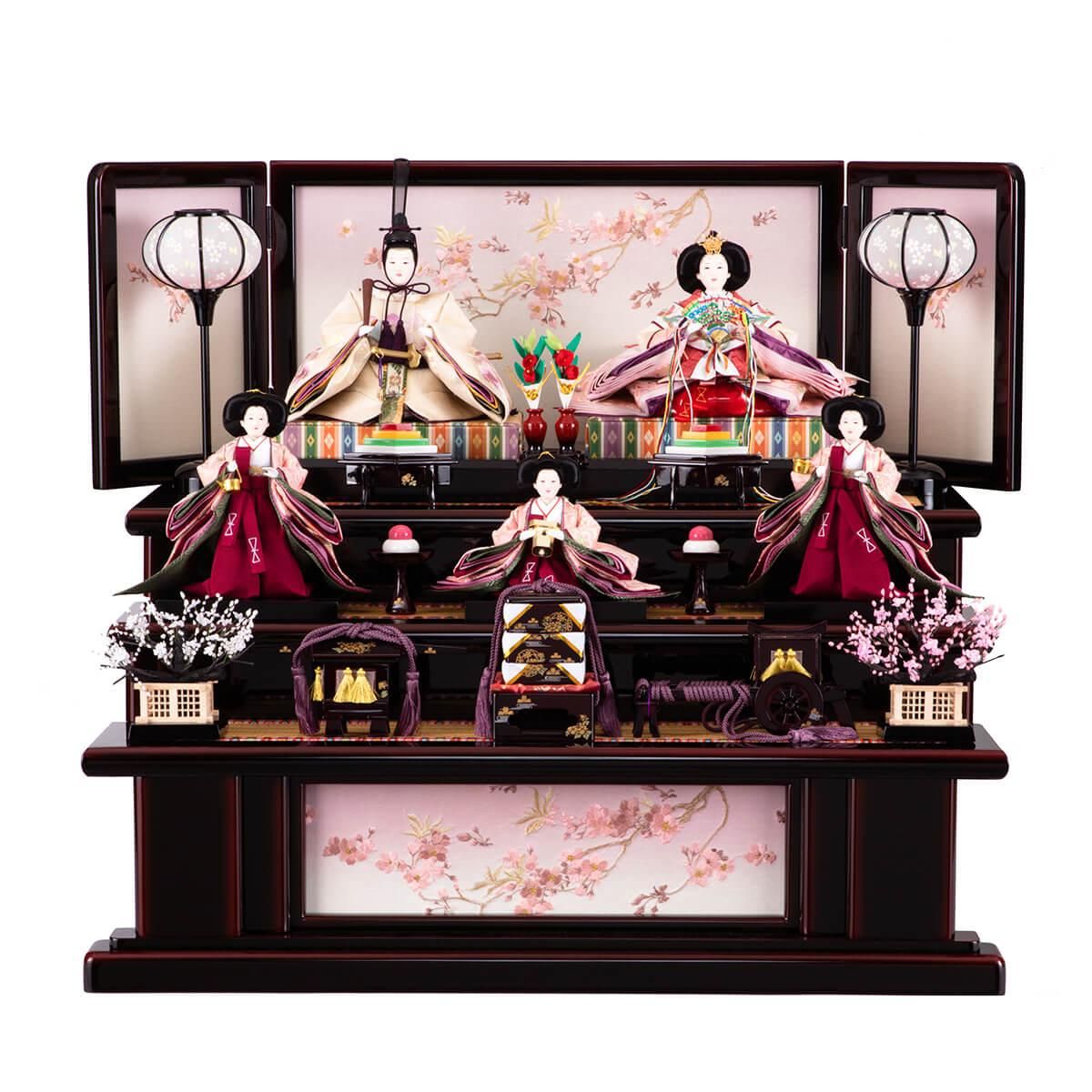 美品　原孝州　お雛様　雛人形　三段飾り　五人飾り　桜刺繍　光るぼんぼり 雛人形 八番(京七番) 五人飾り 三段飾り 赤毛せん 大型