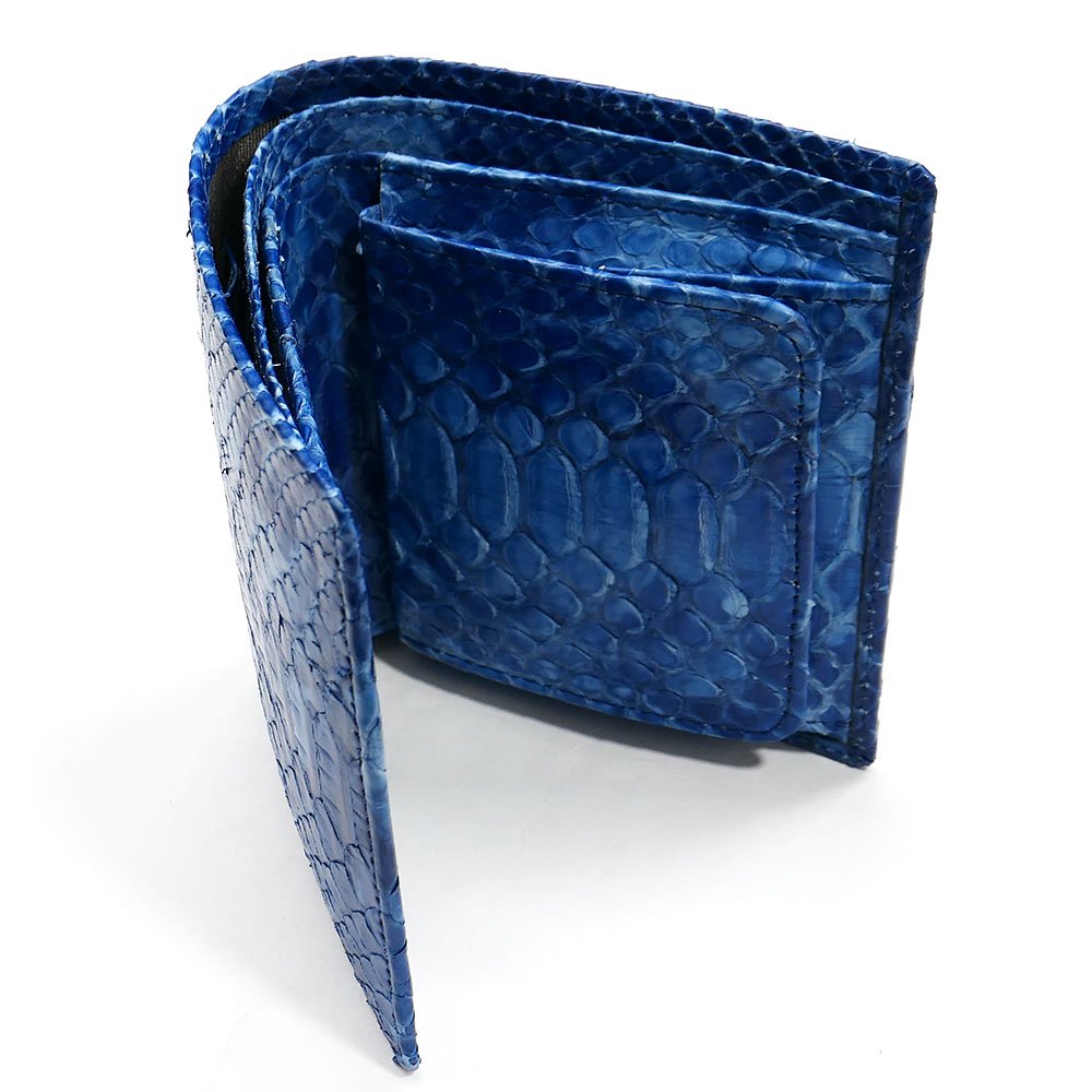 二つ折り財布 ボックス型小銭入れ パイソン 本革 無双 絞り染め 藍染