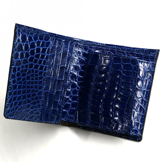 クロコダイル革 本革 二つ折り財布 財布 メンズ レディース ボックス型小銭入れ付 グレージング 藍染