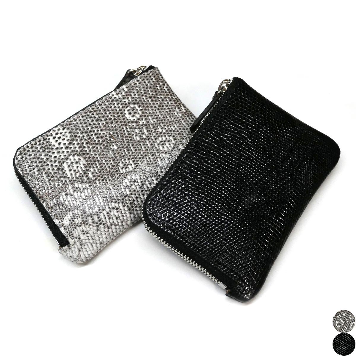 L字 ラウンドファスナー財布 薄型 コンパクト 本革 リザードレザー とかげ革 トカゲ革 全２色 ナチュラル/ブラック