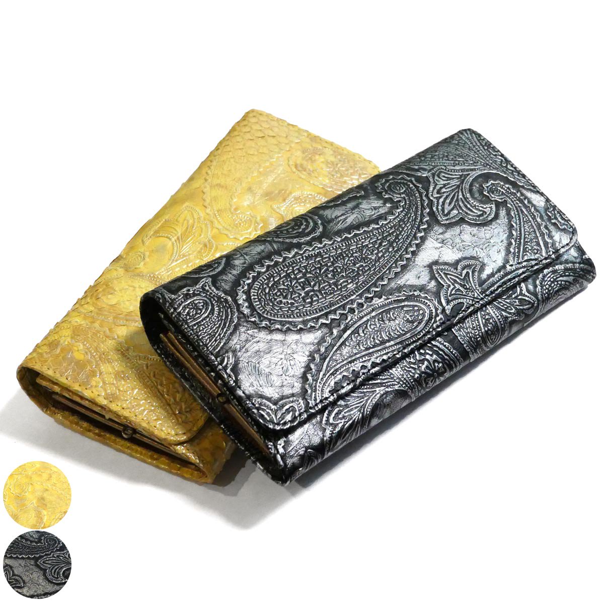 がま口 長財布 かぶせ型 / 本革 パイソン革 ダイヤモンドパイソン ペイズリー柄 全２色 / シルバー・イエロー