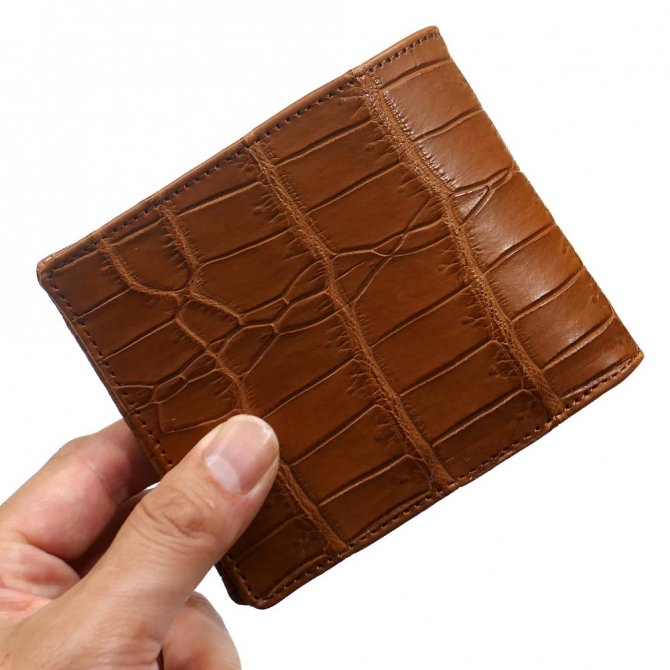 クロコダイルレザー 二つ折り財布 ブラウン 茶 マット仕上げ ミニ財布 メンズ